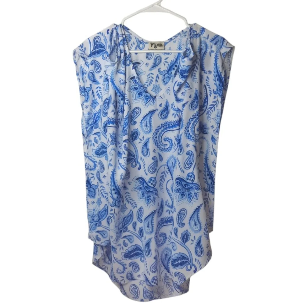 SMYMumu Blue Paisley Tunic Dress Shoulder Cutout Beach Boho Festival Oversize XS - Picture 4 of 8